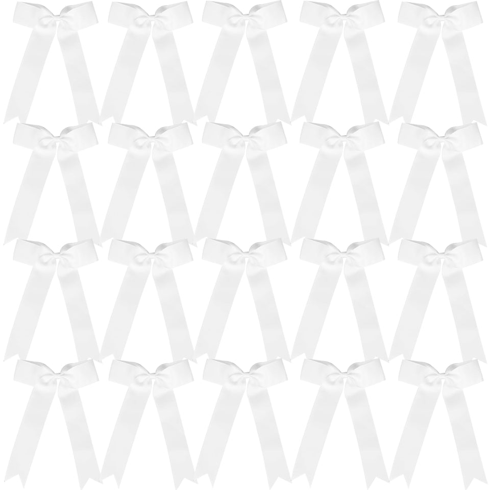 Hipcheer front view of white long-tail bow showing secure elastic hold and bold look