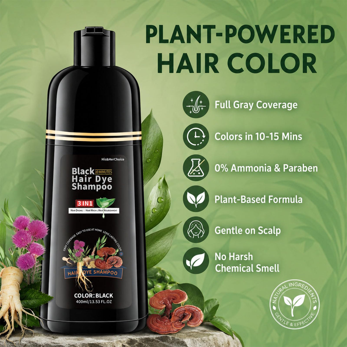 HIS&HERCHOICE botanical ingredients display emphasizing nourishing hair-care benefit