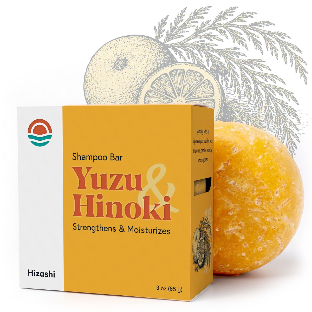 Hizashi shampoo bar front packaging showing yuzu hinoki scent and benefits