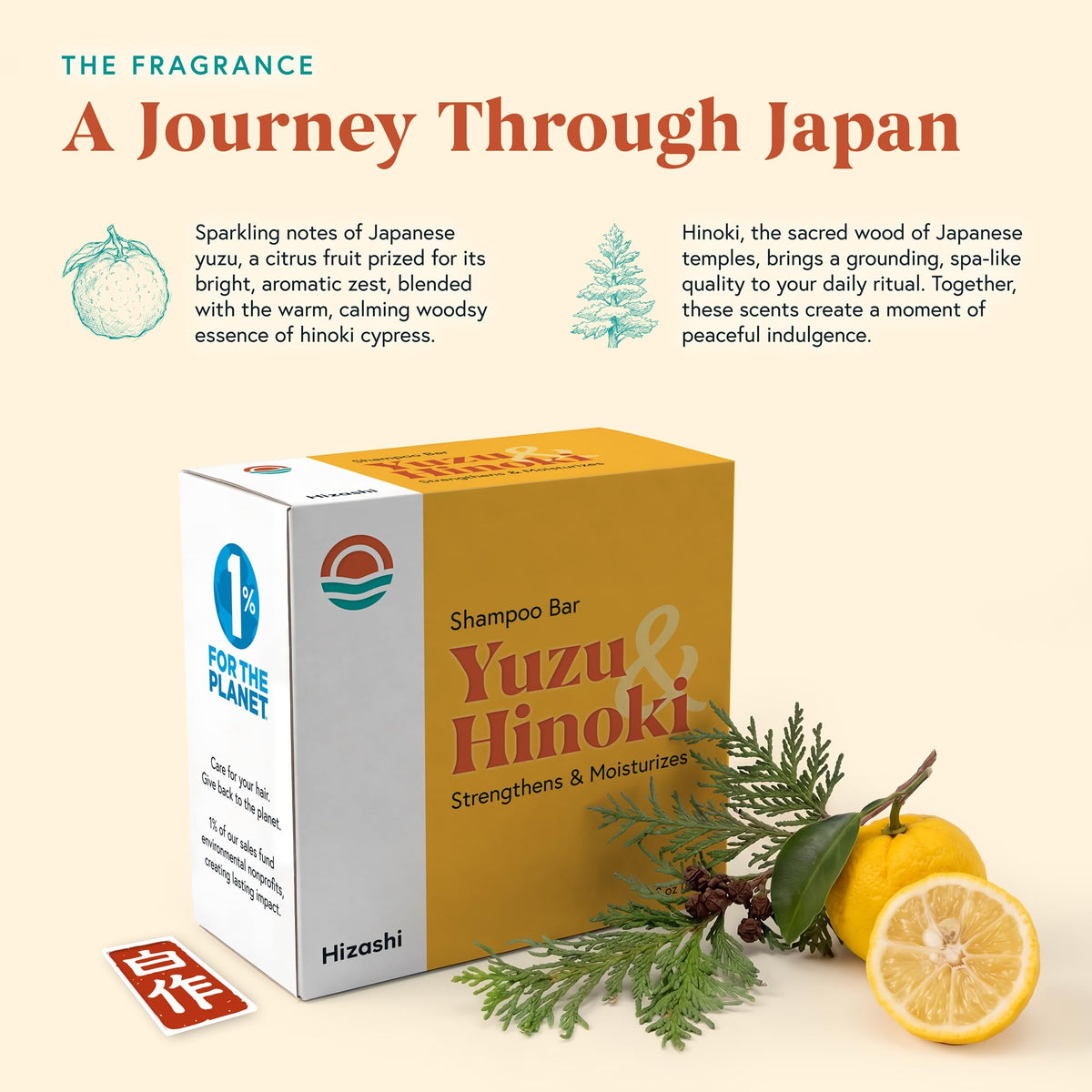 Hizashi shampoo bar on bathroom shelf showcasing eco-friendly packaging and natural scent