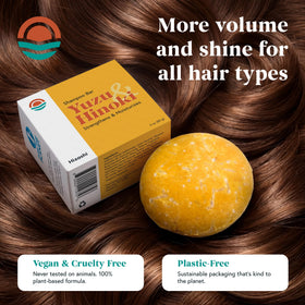 Hizashi shampoo bar beside a coin showing compact size and travel convenience