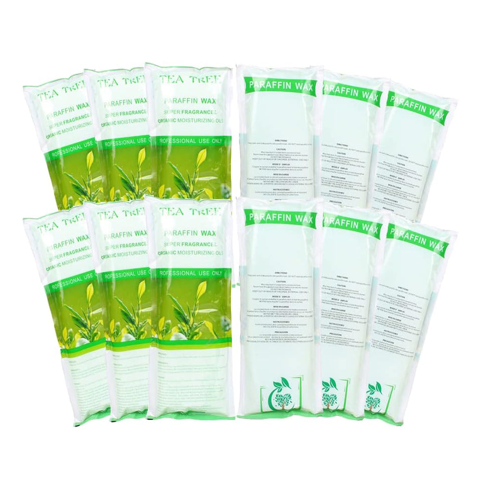 HLead front pouch showing tea tree paraffin beads and clear weight label, promotes easy salon refills