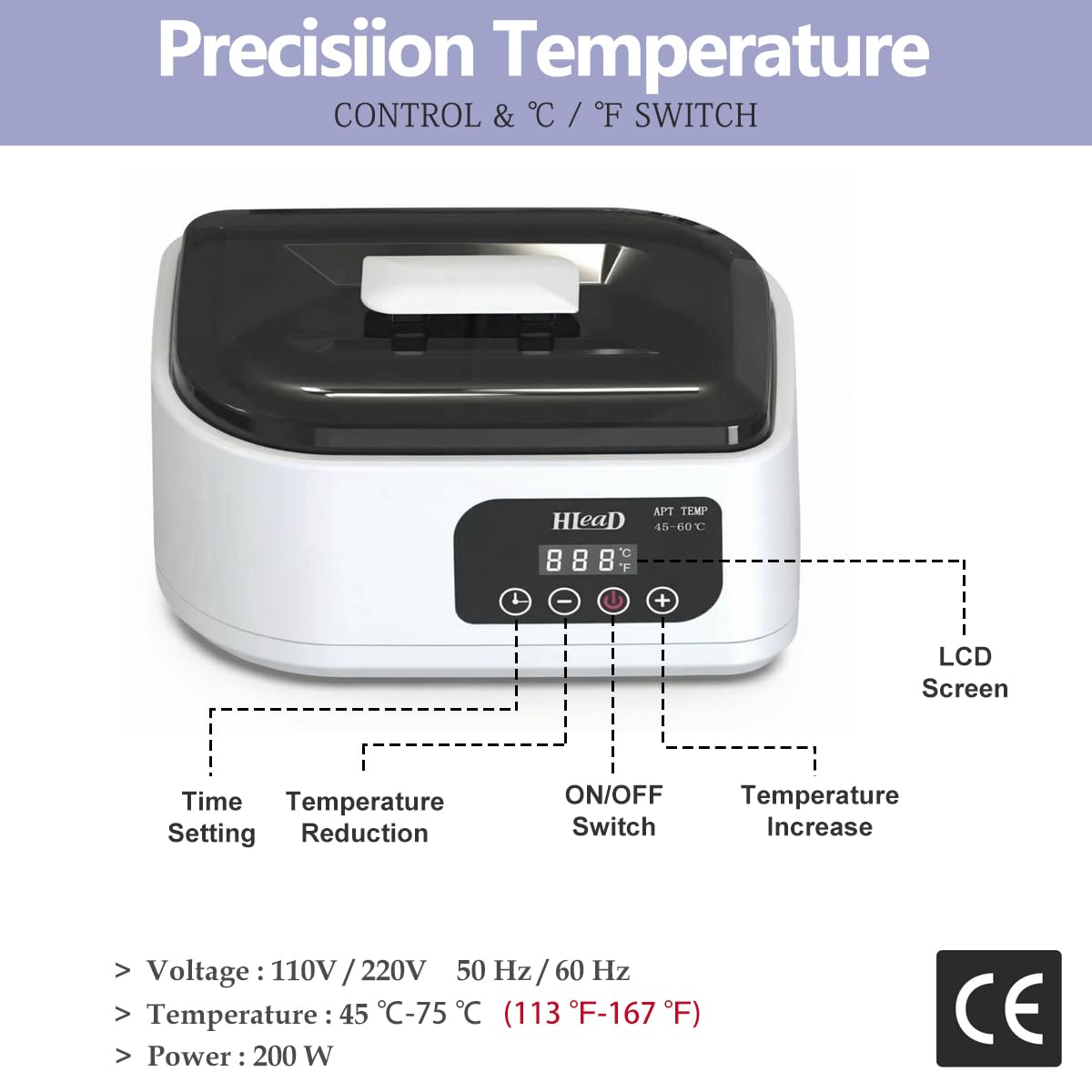 HLead touchscreen control panel closeup showing precise temperature and timer controls