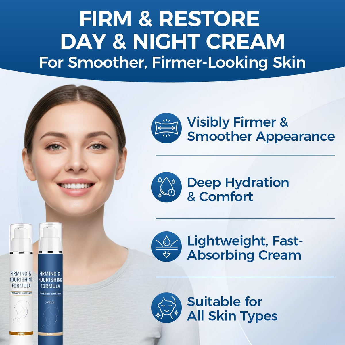 Hlonns cream applied to neck and face demonstrating firming support