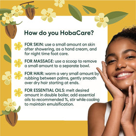 HobaCare butter applied to hands demonstrating moisturizing benefit without greasiness
