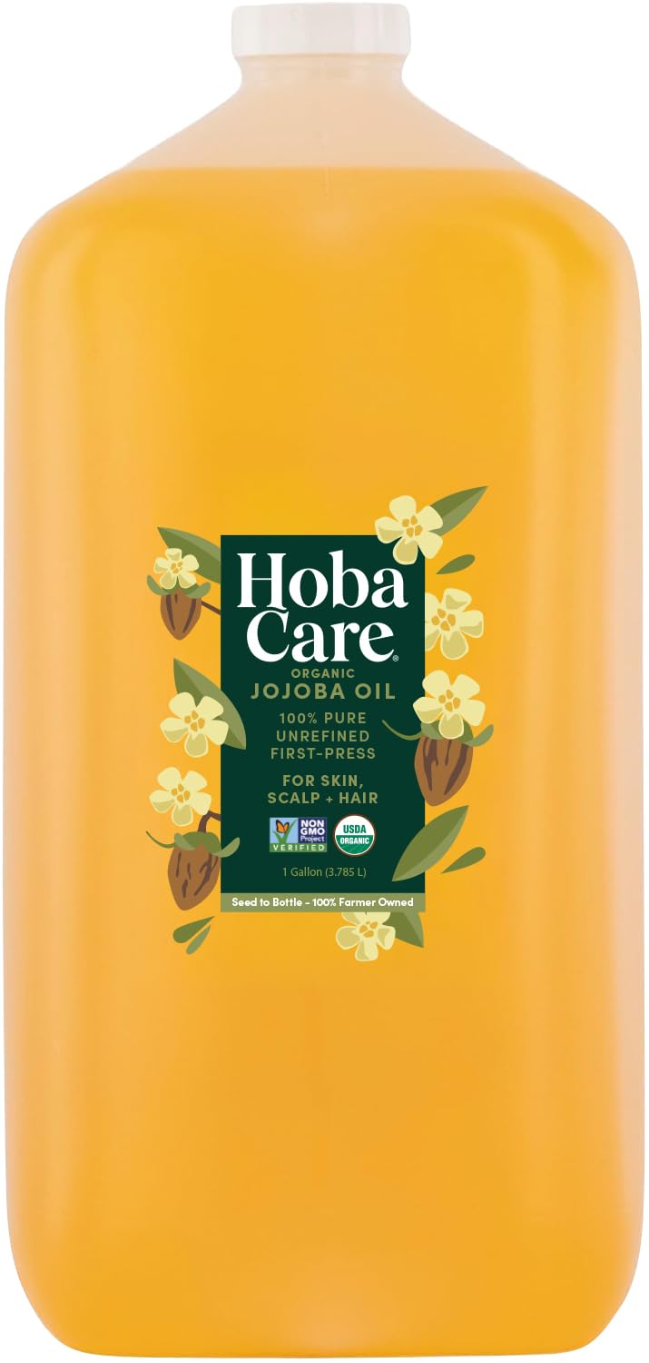 HobaCare jojoba oil gallon front packaging shows product and size benefit