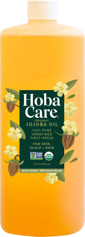 HobaCare front bottle view showing pure jojoba oil and clean packaging benefit