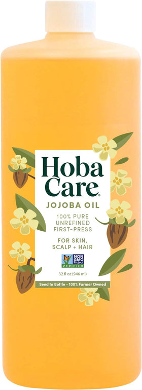 HobaCare front bottle view showing pure jojoba oil benefits