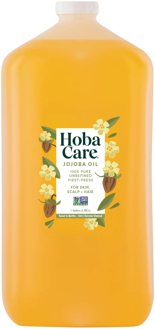 HobaCare jojoba oil gallon front view showing bulk packaging and convenience