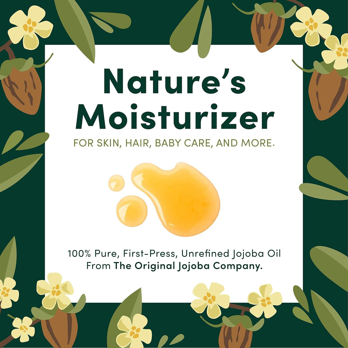 HobaCare pouring jojoba oil close-up illustrating smooth texture and easy use