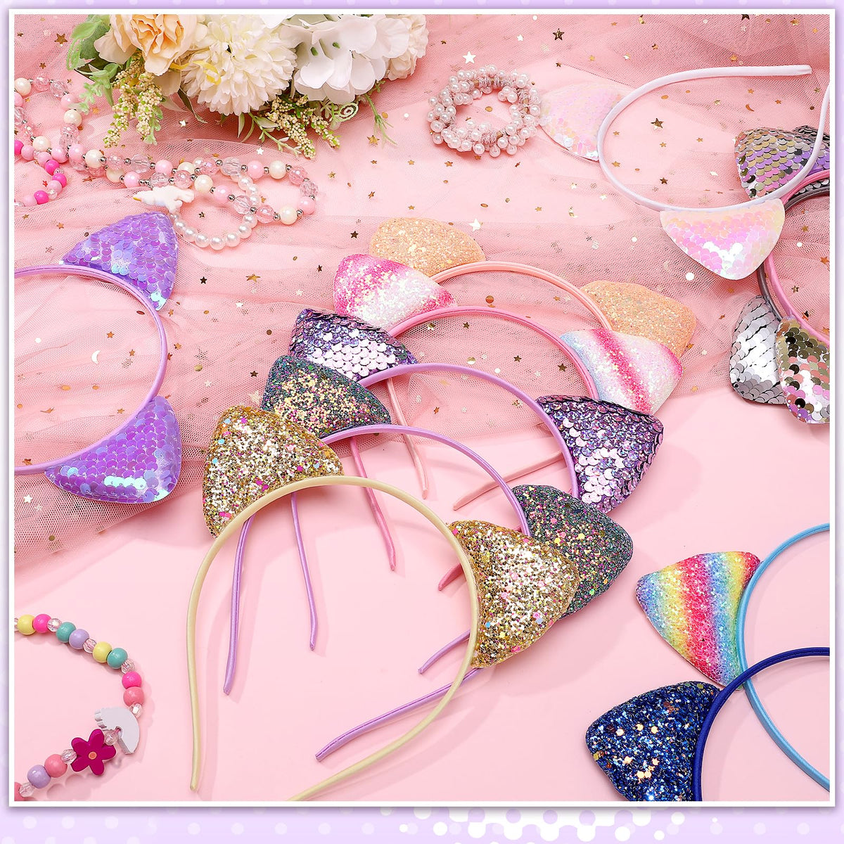 Hoemwarm party table decoration with headbands as colorful favor display
