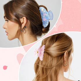 Hokoad decorated claw clip worn in hair demonstrating styled, secure hold