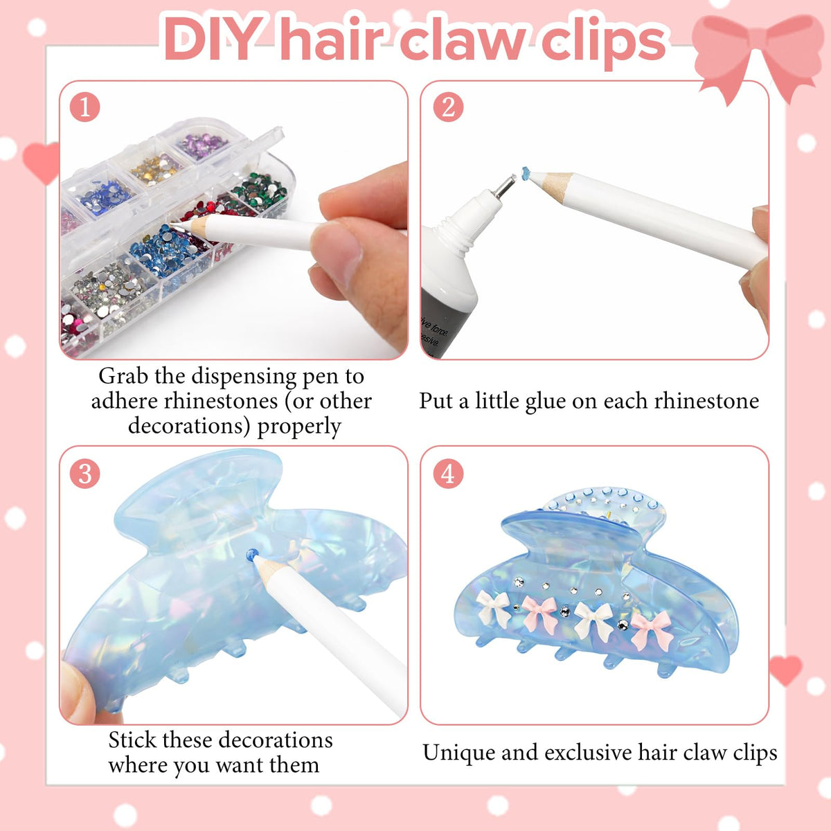 Hokoad spread of rhinestones and pearls showing color choices to personalize clips