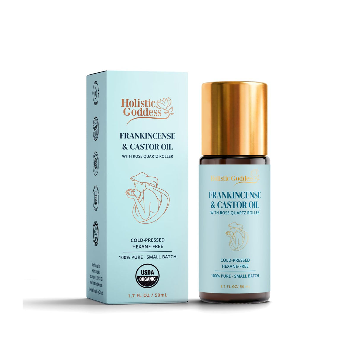 Holistic Goddess front packaging showing roll-on bottle and clear benefits
