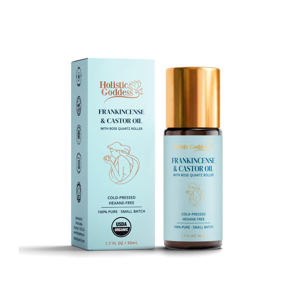 Holistic Goddess front packaging showing roll-on bottle and clear benefits