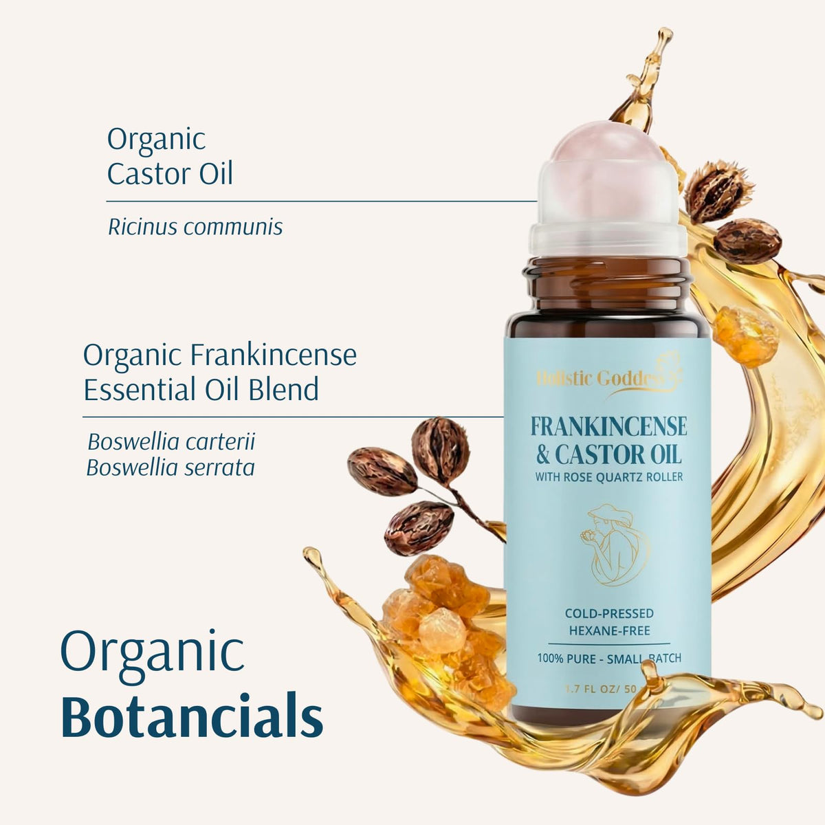 Holistic Goddess oil texture drop highlighting cold-pressed castor oil nourishment