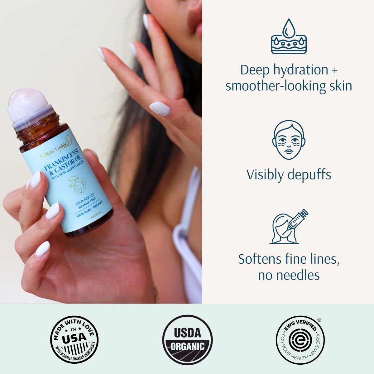 Holistic Goddess size comparison in hand showing travel-friendly 50ml convenience