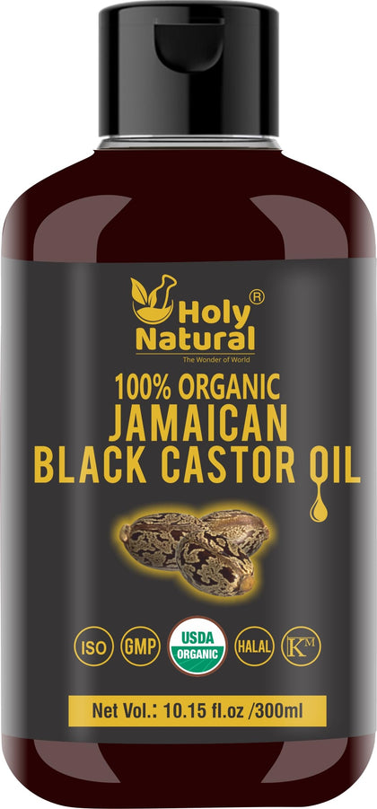 Holy Natural front bottle showing organic Jamaican black castor oil and purity