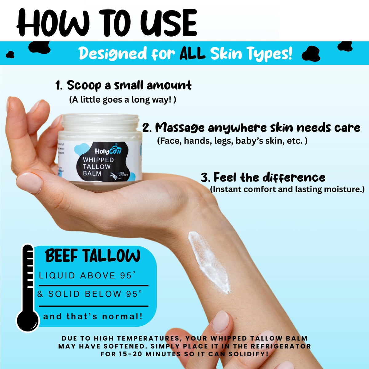HolyCow application on hand demonstrating quick absorption and softening