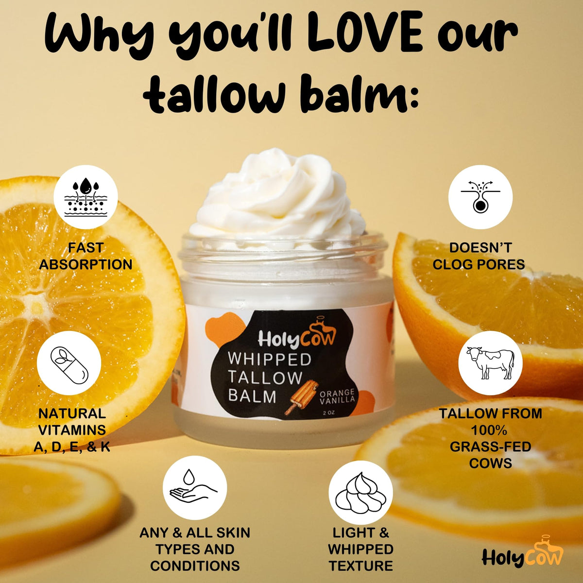 HolyCow ingredients display with tallow and jojoba highlighting natural formulation