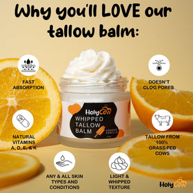 HolyCow ingredients display with tallow and jojoba highlighting natural formulation