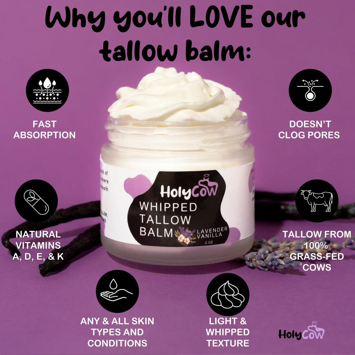HolyCow open jar revealing pale balm and easy scoop for multiuse application