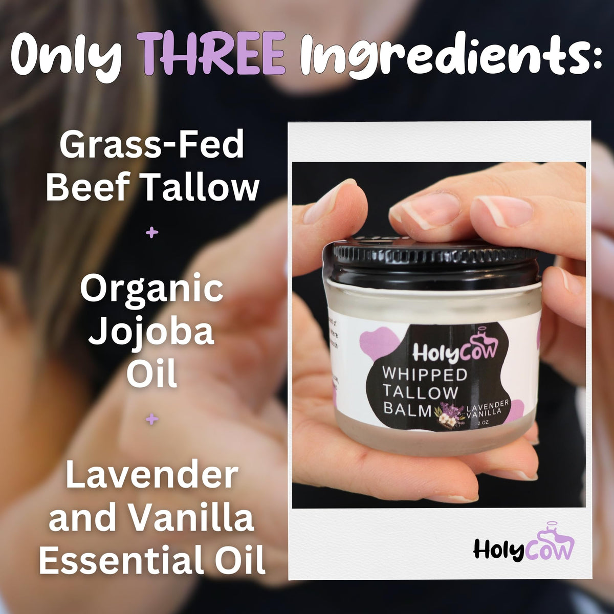HolyCow whipped tallow texture close-up highlighting creamy spreadability and hydration