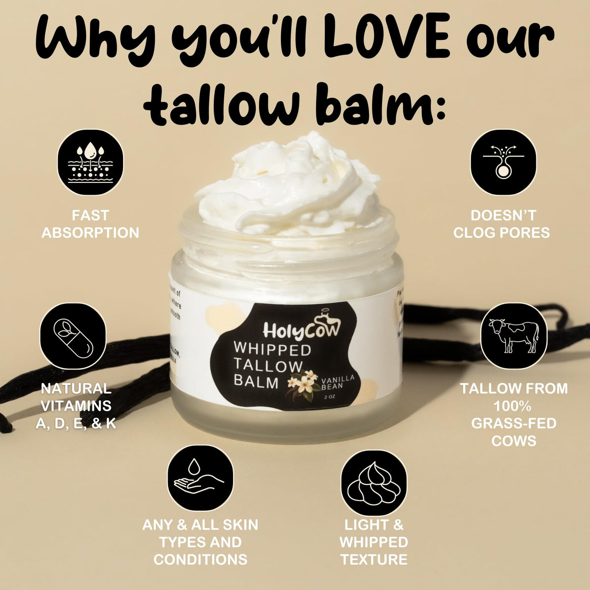 HolyCow whipped tallow texture close-up highlighting creamy spreadability benefit