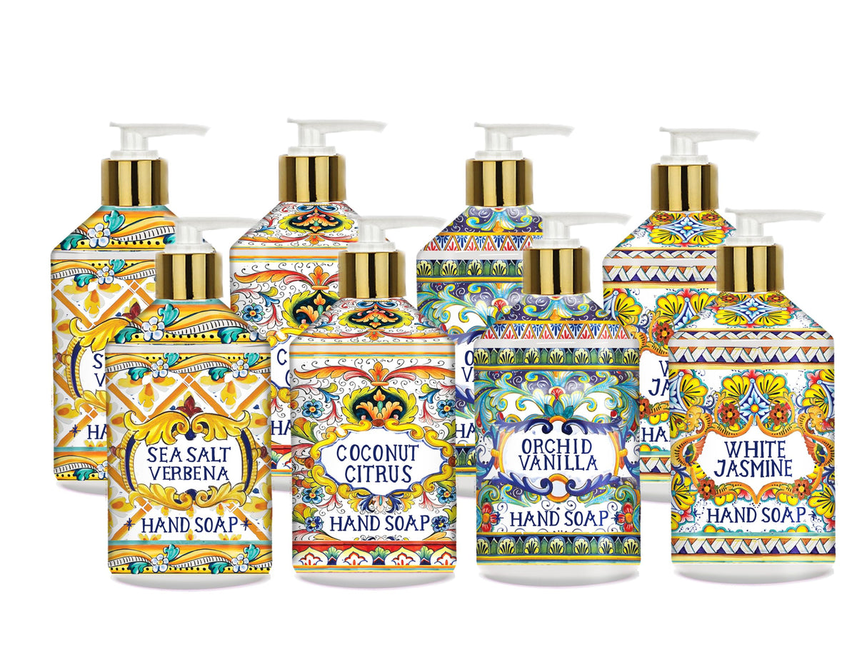 Home & Body Company Villa Flora front packaging showing four scented bottles and gold pumps, decorative benefit