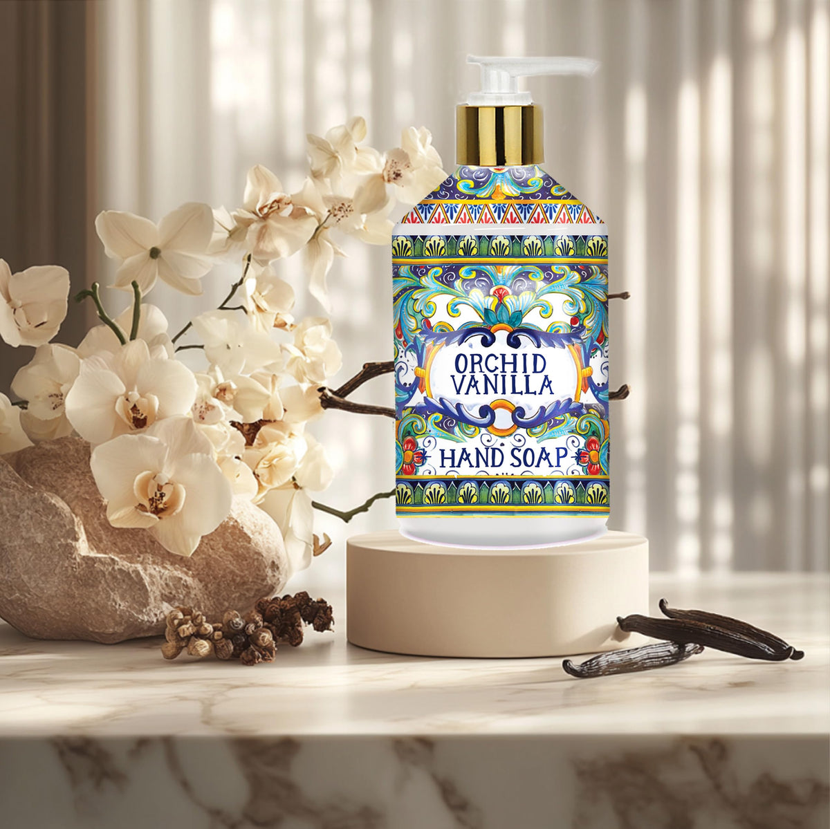 Home & Body Company Villa Flora staged on bathroom counter, demonstrates stylish sinkside decor benefit