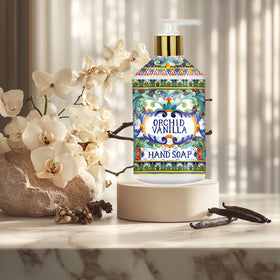 Home & Body Company Villa Flora staged on bathroom counter, demonstrates stylish sinkside decor benefit