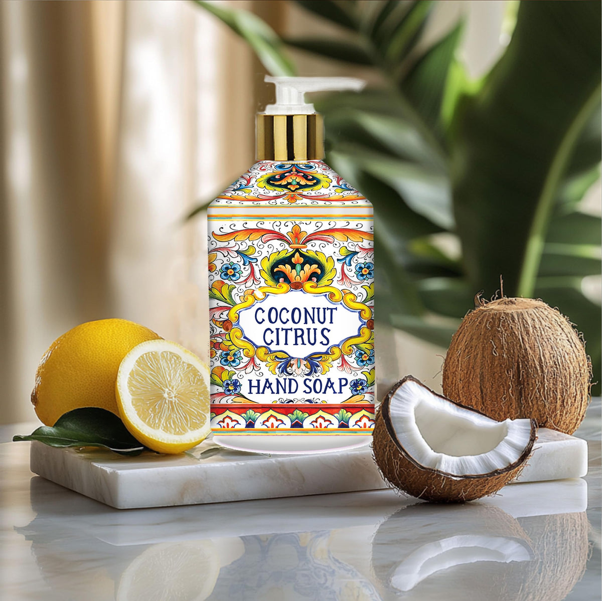Home & Body Company Villa Flora gold pump and label close-up, highlights easy dispensing benefit