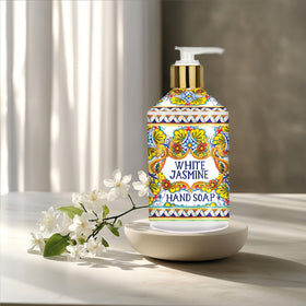 Home & Body Company Villa Flora bottle held in hand for scale, indicates generous 21.5 oz capacity benefit