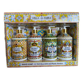 Home & Body Company front packaging showing four Villa Flora bottles and vibrant labels, attractive decor