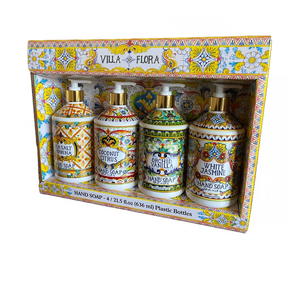 Home & Body Company label close-up on Villa Flora bottle highlighting scent names and decorative art