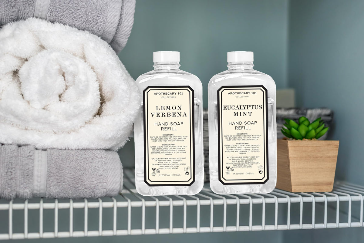 Home & Body Company bottles beside sink in bathroom to show convenient everyday use