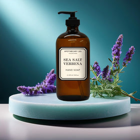 Home & Body Company close-up of amber glass and apothecary label highlighting durable packaging