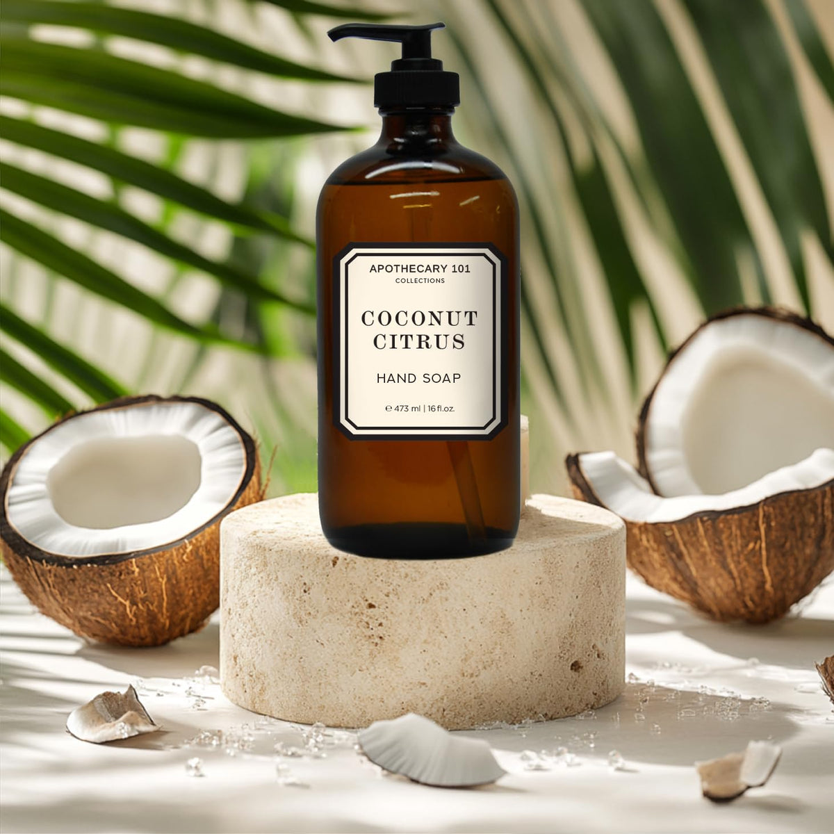 Home & Body Company bottles styled on sink adding vintage-apothecary charm to bathroom