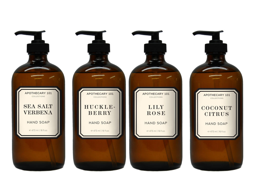 Home & Body Company four amber bottles front view showing variety and visual upgrade