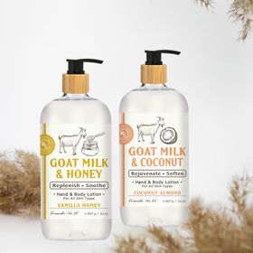 Home & Body Company bottles placed on bathroom shelf illustrating large-size convenience