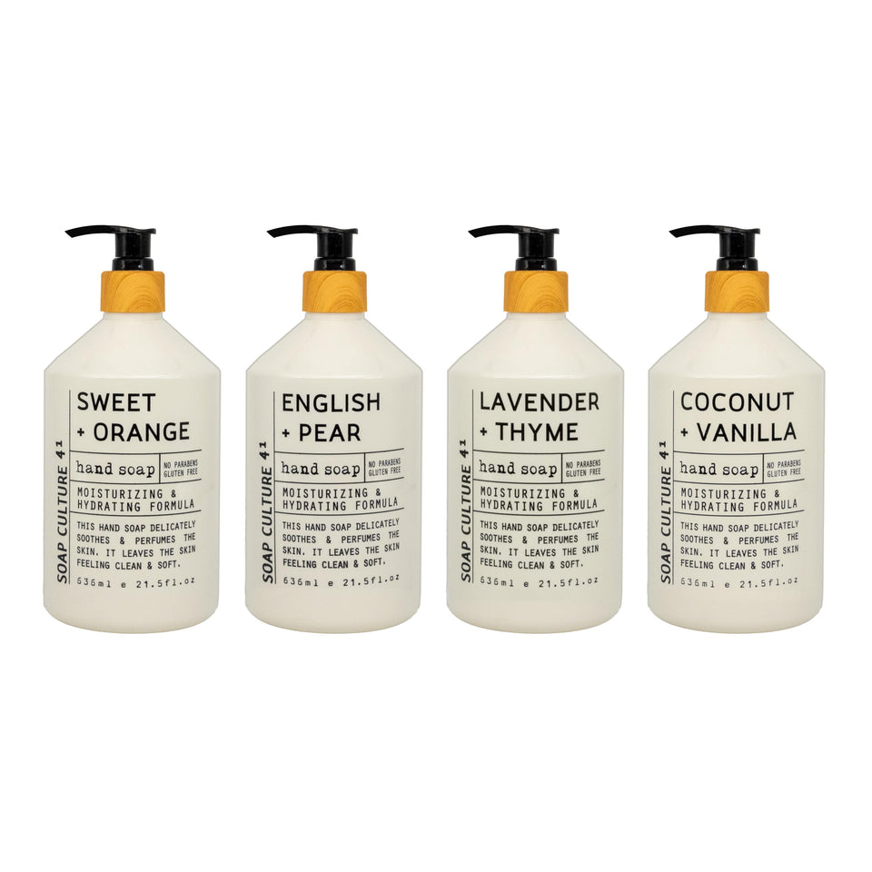 Home & Body Company front packaging showing four 21.5 fl oz bottles for easy selection