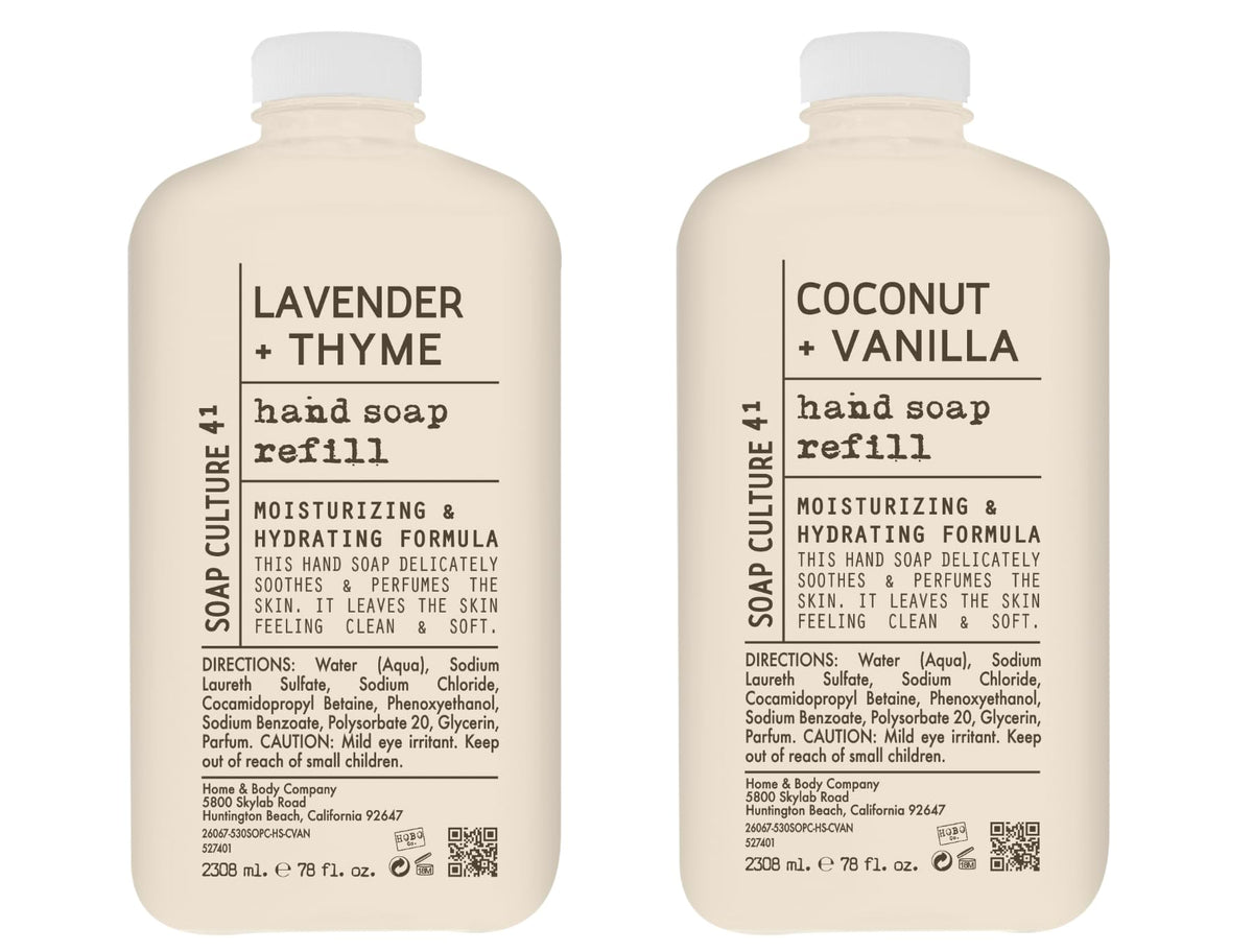 Home & Body Company front packaging showing two 78oz refill bottles and benefits