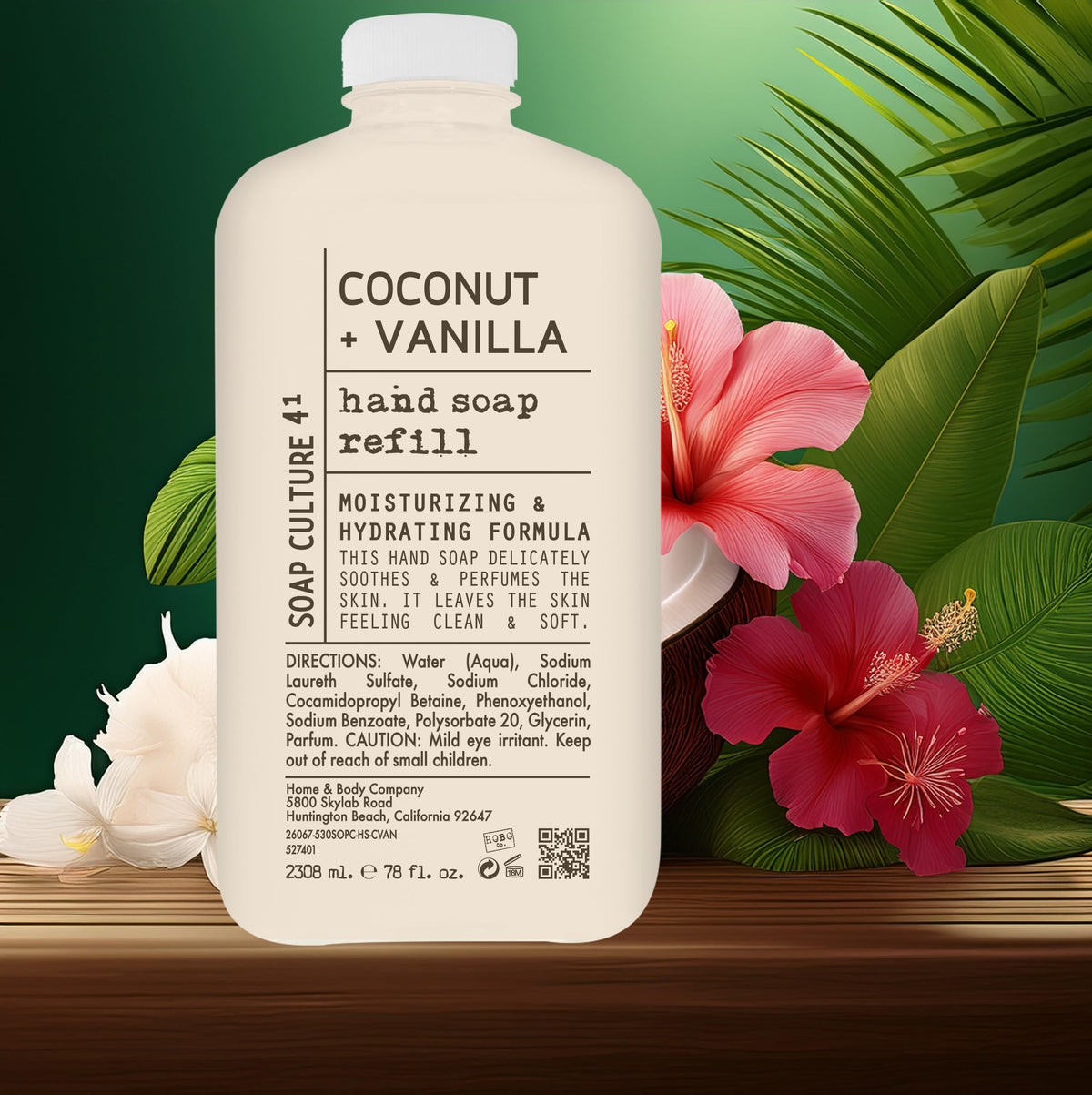 Home & Body Company refill bottle held next to a hand showing scale and long-lasting value