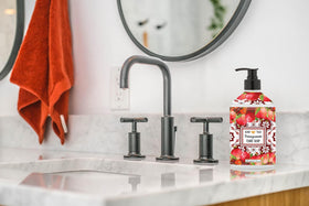 Home & Body Company bottles styled at kitchen sink showing convenience and decor