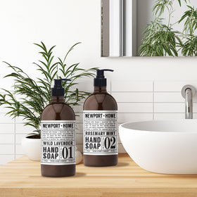 Home & Body Company bottles on bathroom counter showing lifestyle convenience and coordinated decor benefit