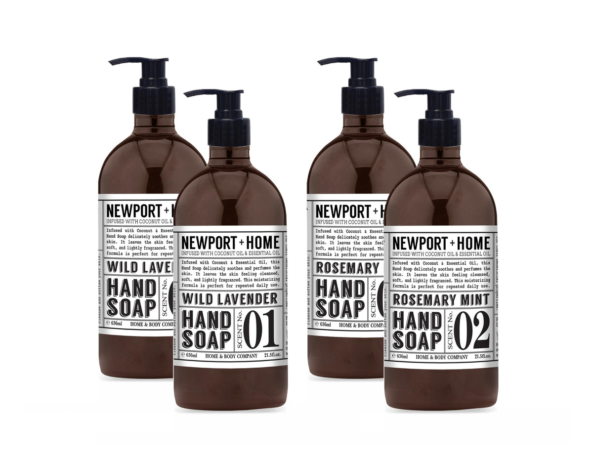 Home & Body Company Newport front packaging showing set of four bottles and scent labels promoting convenience