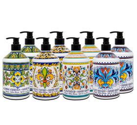 Home & Body Company front packaging showing four Perugia Deruta soap bottles for decor