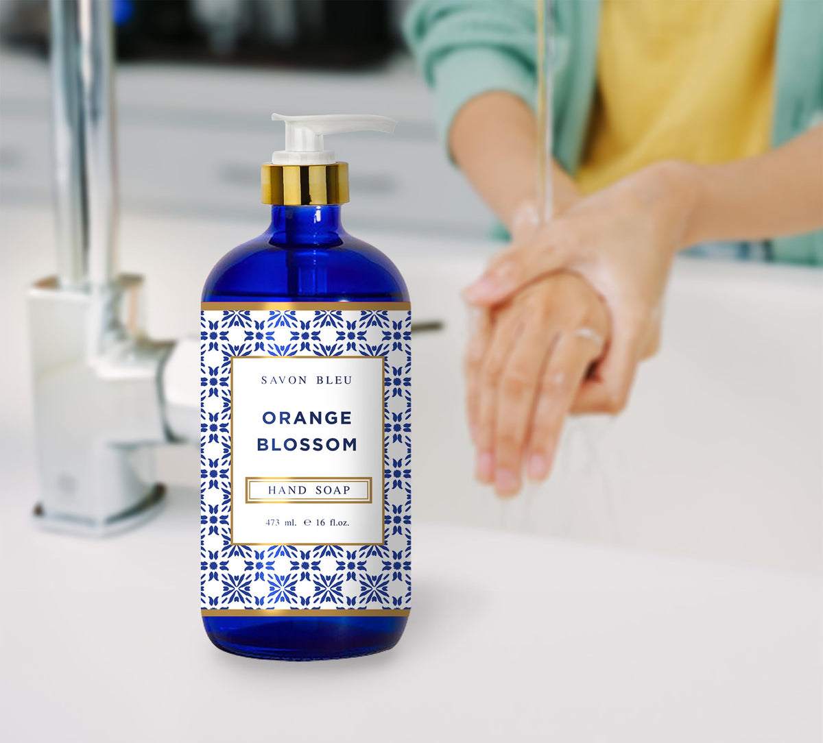 Home & Body Company bottles styled on bathroom counter for an upscale organized look