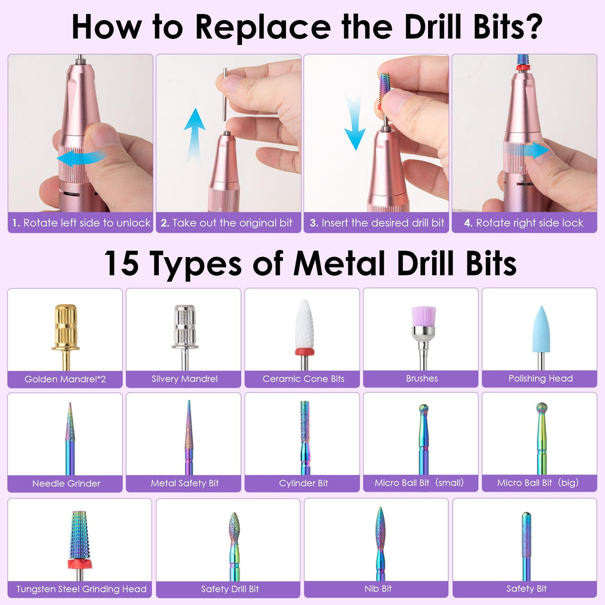 homeasy bits and bands arranged to show included 15 drill bits and 75 bands benefit
