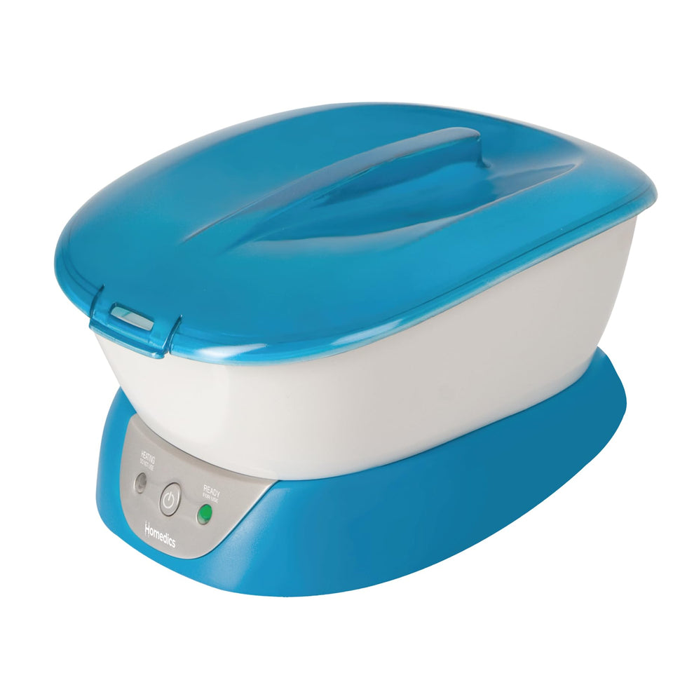 Homedics paraffin bath front view showing compact design and controls for easy storage and use